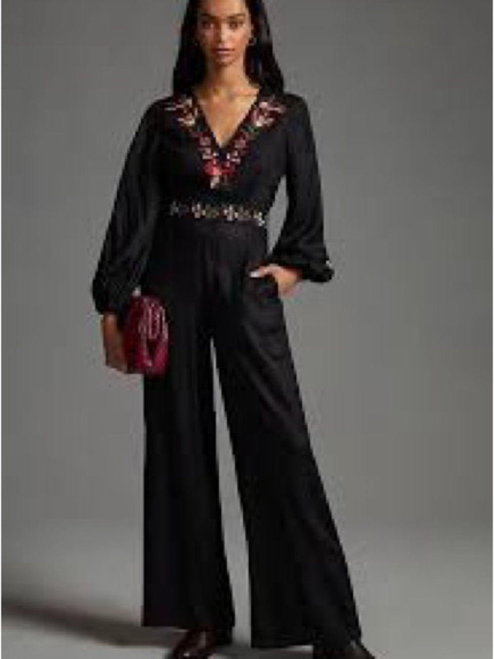 FARM Rio Black Embroidered V-Neck Wide-Leg Jumpsuit